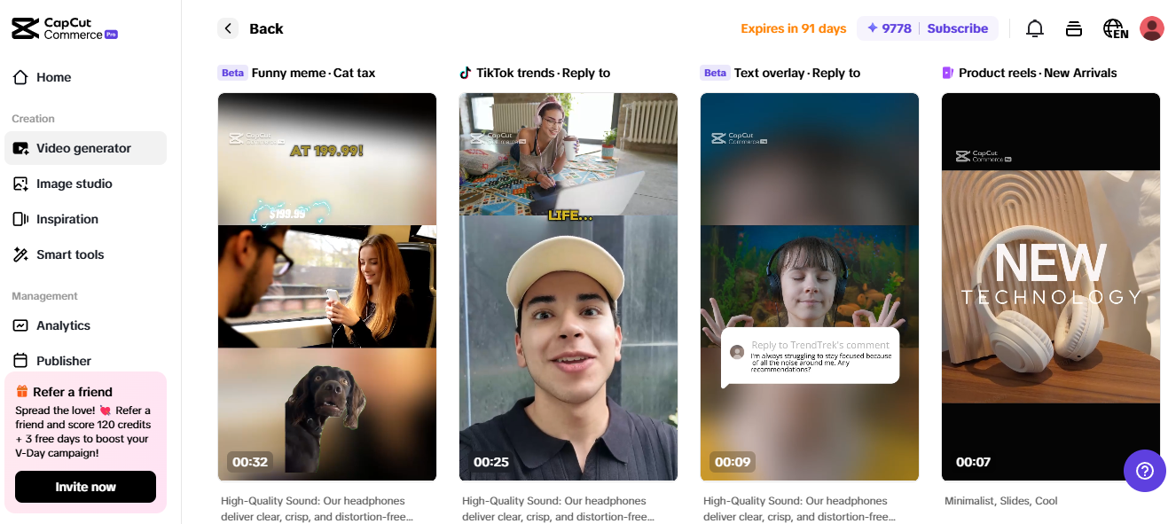 Pippit interface showcasing templates for eBay content marketing, including product reels and video trends.